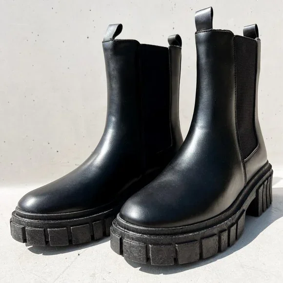NEW Black Lug Sole Chunky Platform Elastic Ankle Block Heel Chelsea Boot Booties - Picture 12 of 12